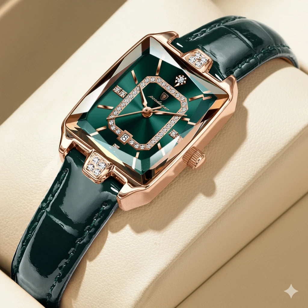 Elegant Ladies Rectangular Wristwatch | Leather Strap & Calendar