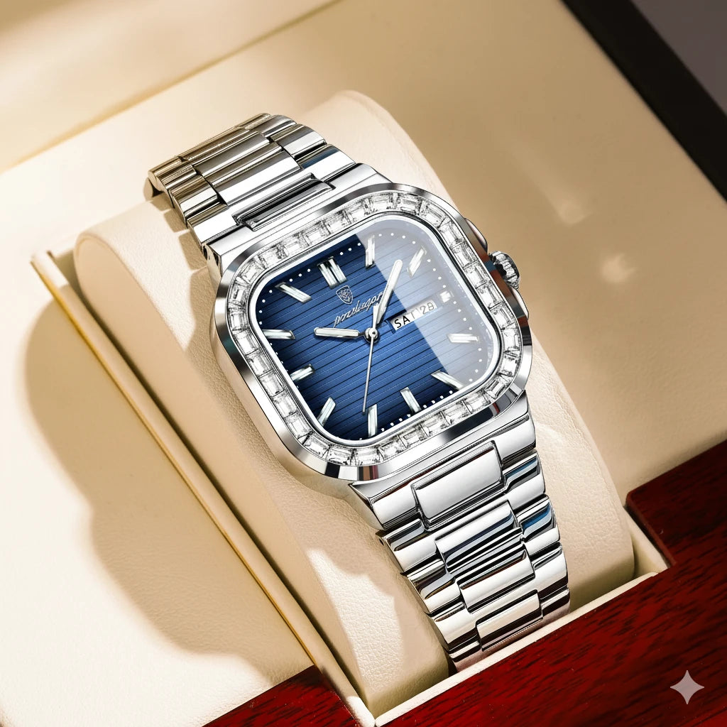 Men's Square Stainless Steel Watch – Waterproof with Day & Date Display