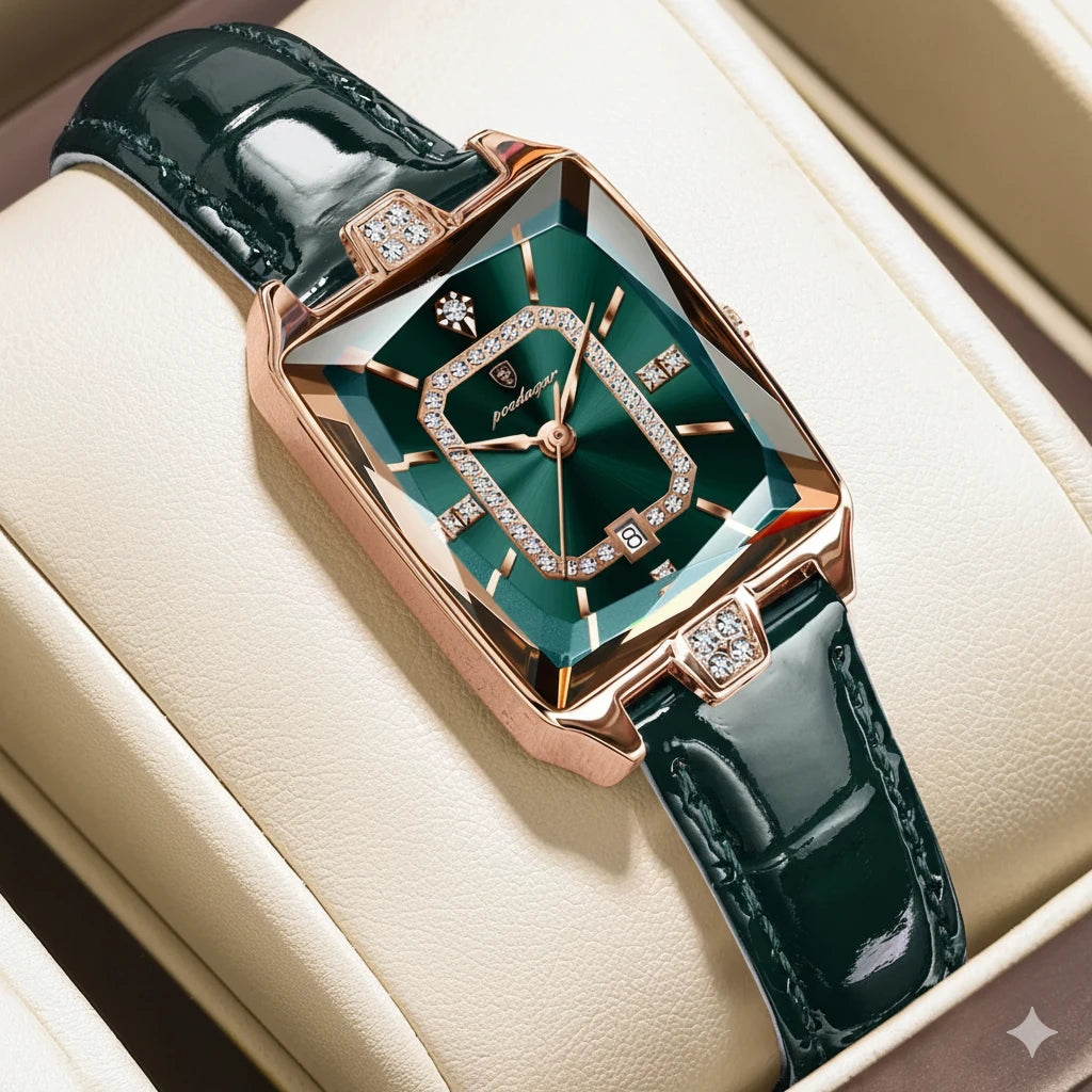 Elegant Ladies Rectangular Wristwatch | Leather Strap & Calendar